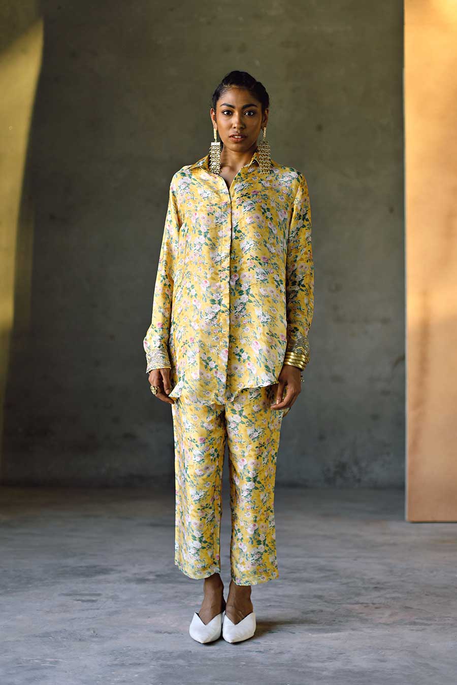 Yellow Floral Laguna Embroidered Cuff Shirt