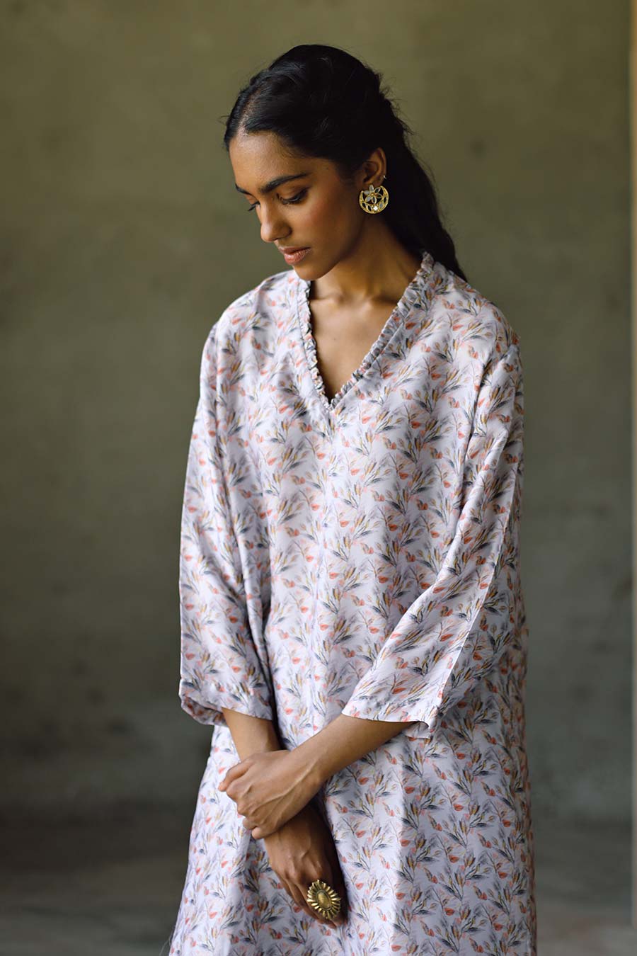 Grey Floral Oxford Frill Kurta