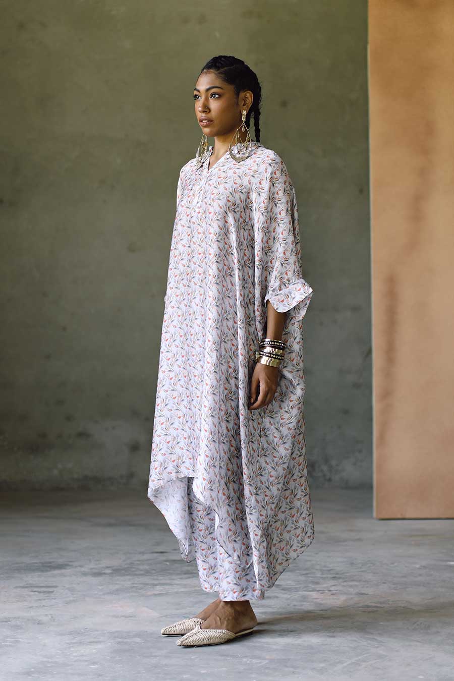 Grey Floral Oxford Long Kaftan