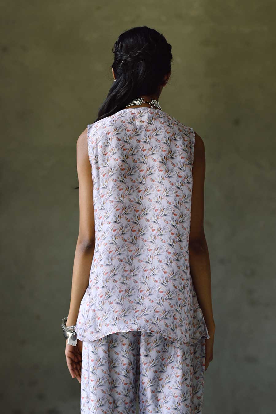 Grey Floral Oxford SL Bias Top