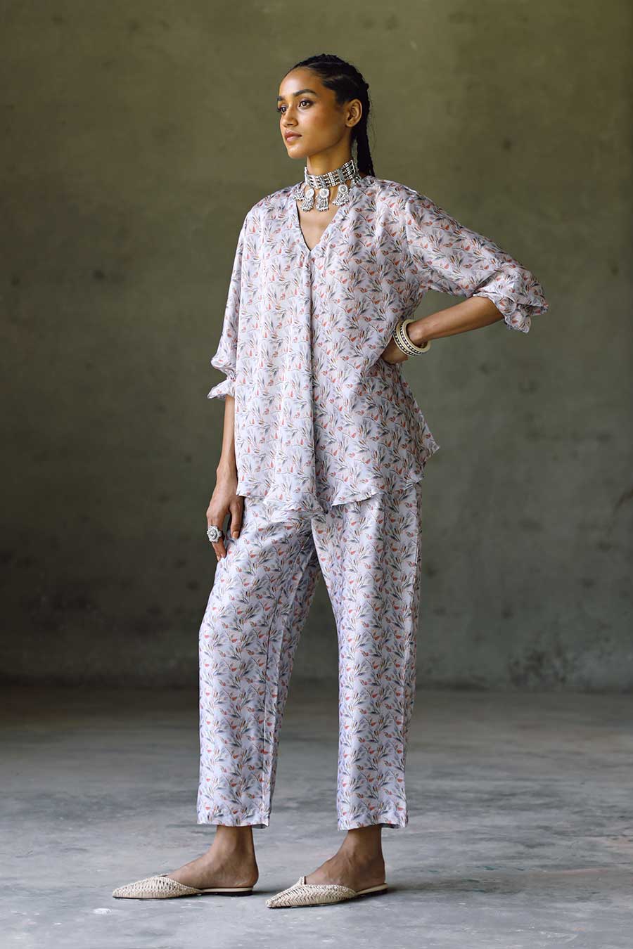 Grey Floral Oxford WS Bias Top