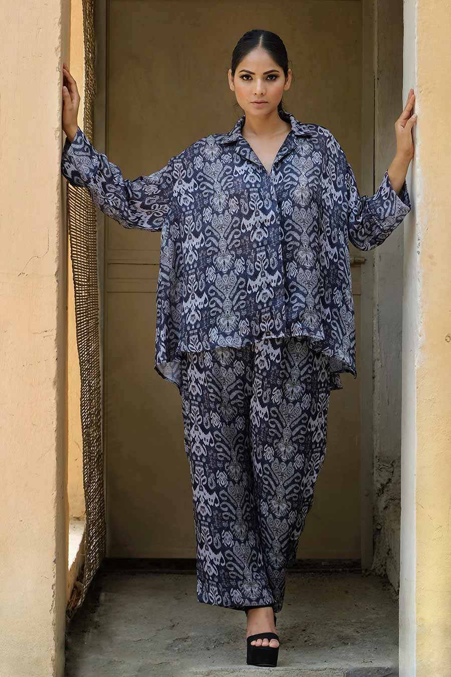 Grey Ikat Print Loose Fit Shirt