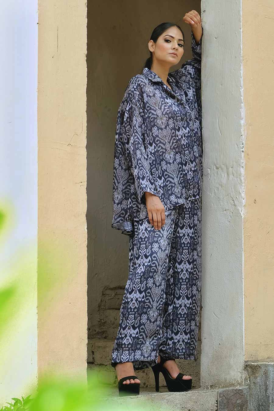 Grey Ikat Print Loose Fit Shirt
