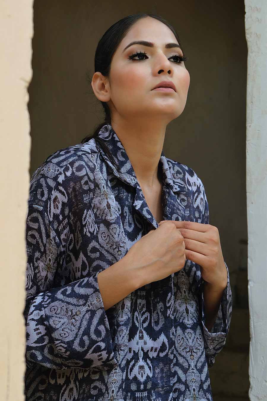 Grey Ikat Print Loose Fit Shirt