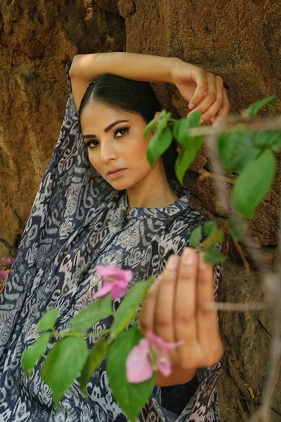 Grey Ikat Print Loose Fit Kaftan