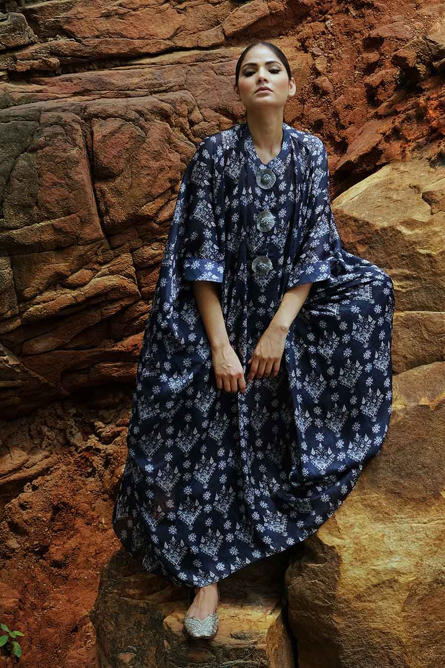 Blue Printed Loose Fit Kaftan