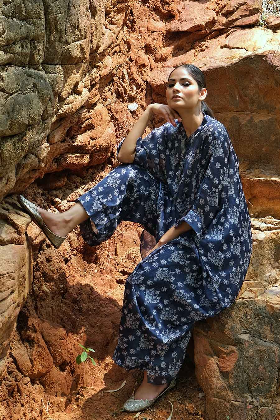 Blue Printed Loose Fit Kaftan
