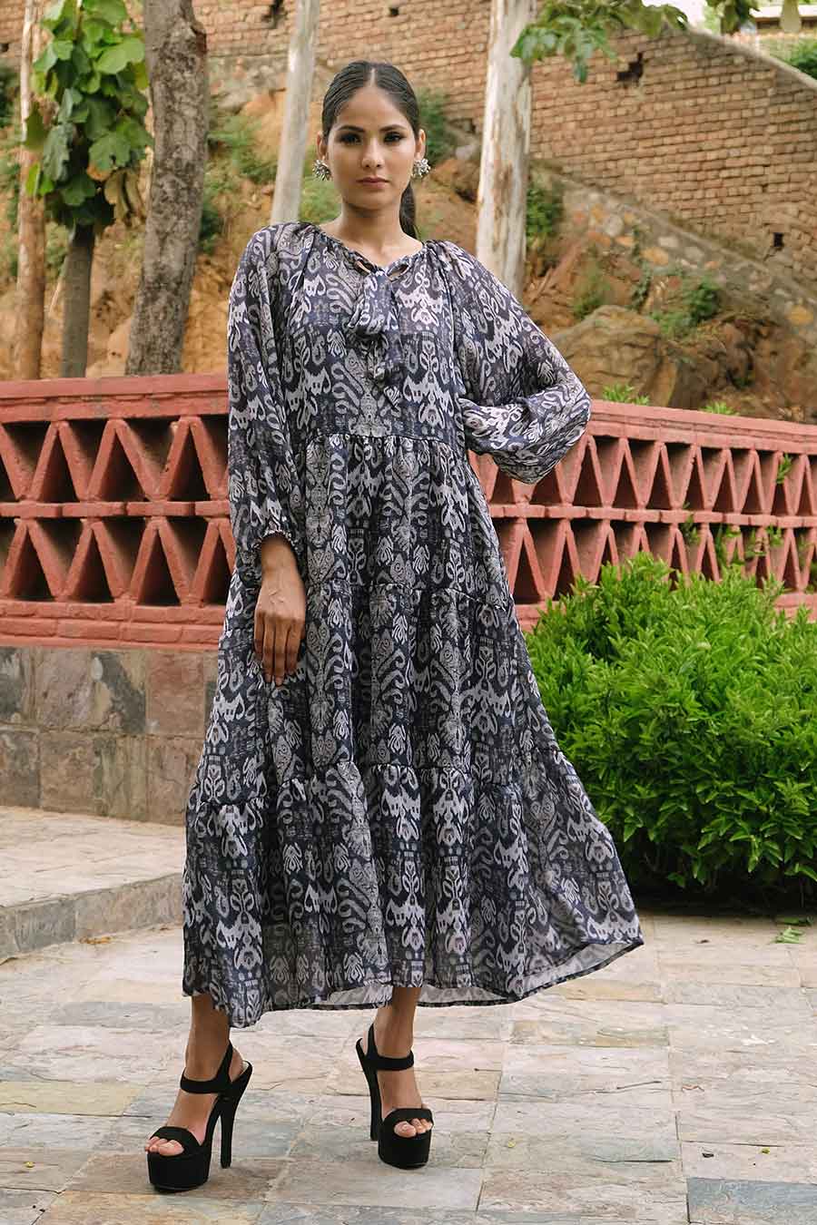 Ikat Print Blue Tiered Dress