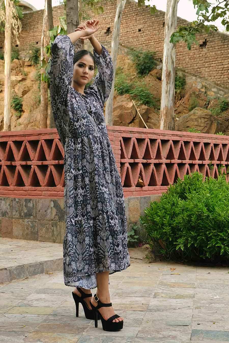 Ikat Print Blue Tiered Dress