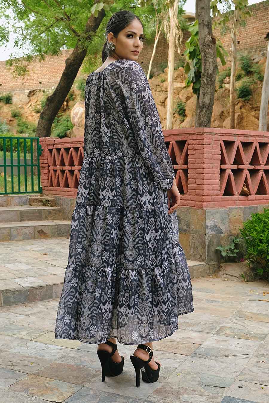 Ikat Print Blue Tiered Dress