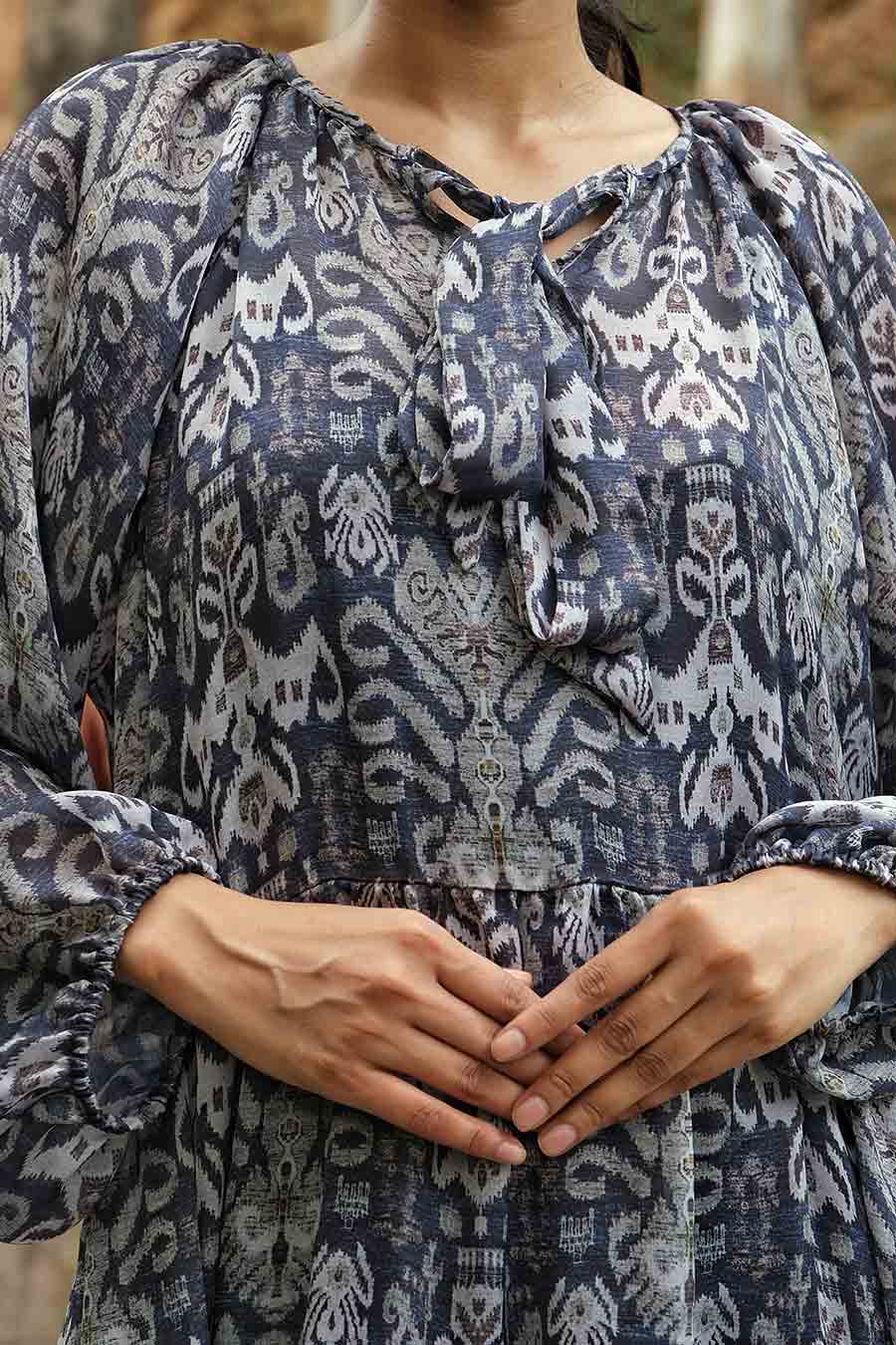 Ikat Print Blue Tiered Dress