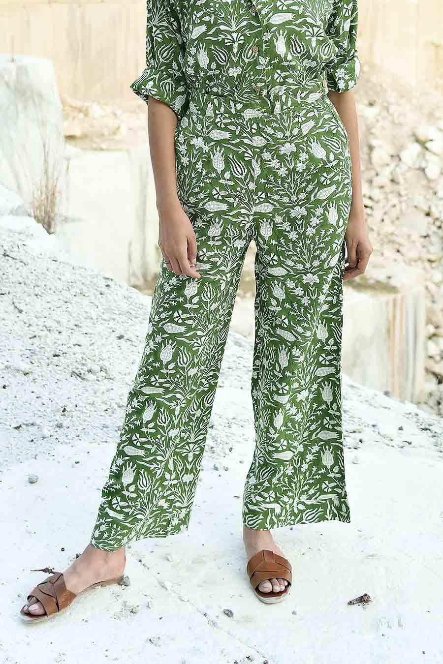 Kazuki Green Handblock Print Pants