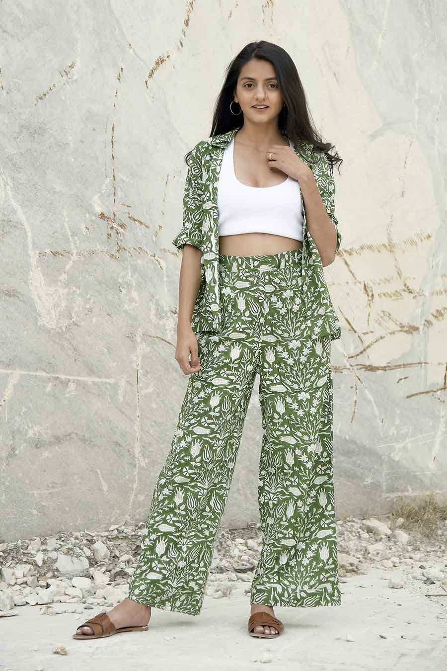 Kazuki Green Handblock Print Pants