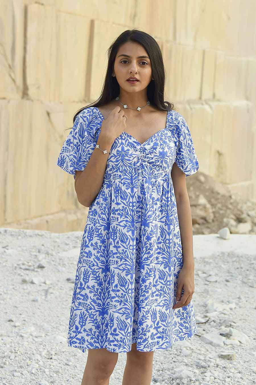 Ikigai Blue Handblock Print Short Dress