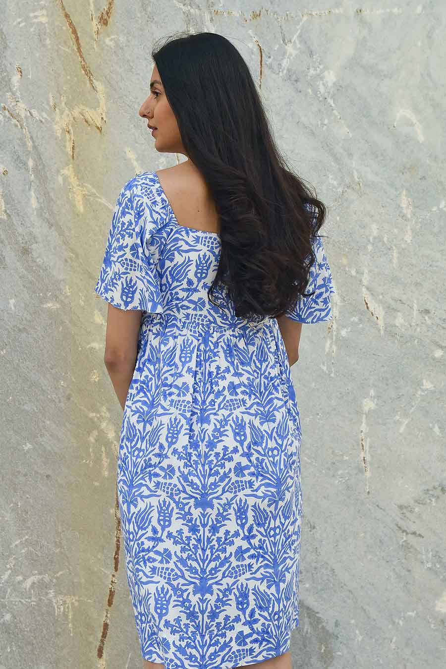 Ikigai Blue Handblock Print Short Dress