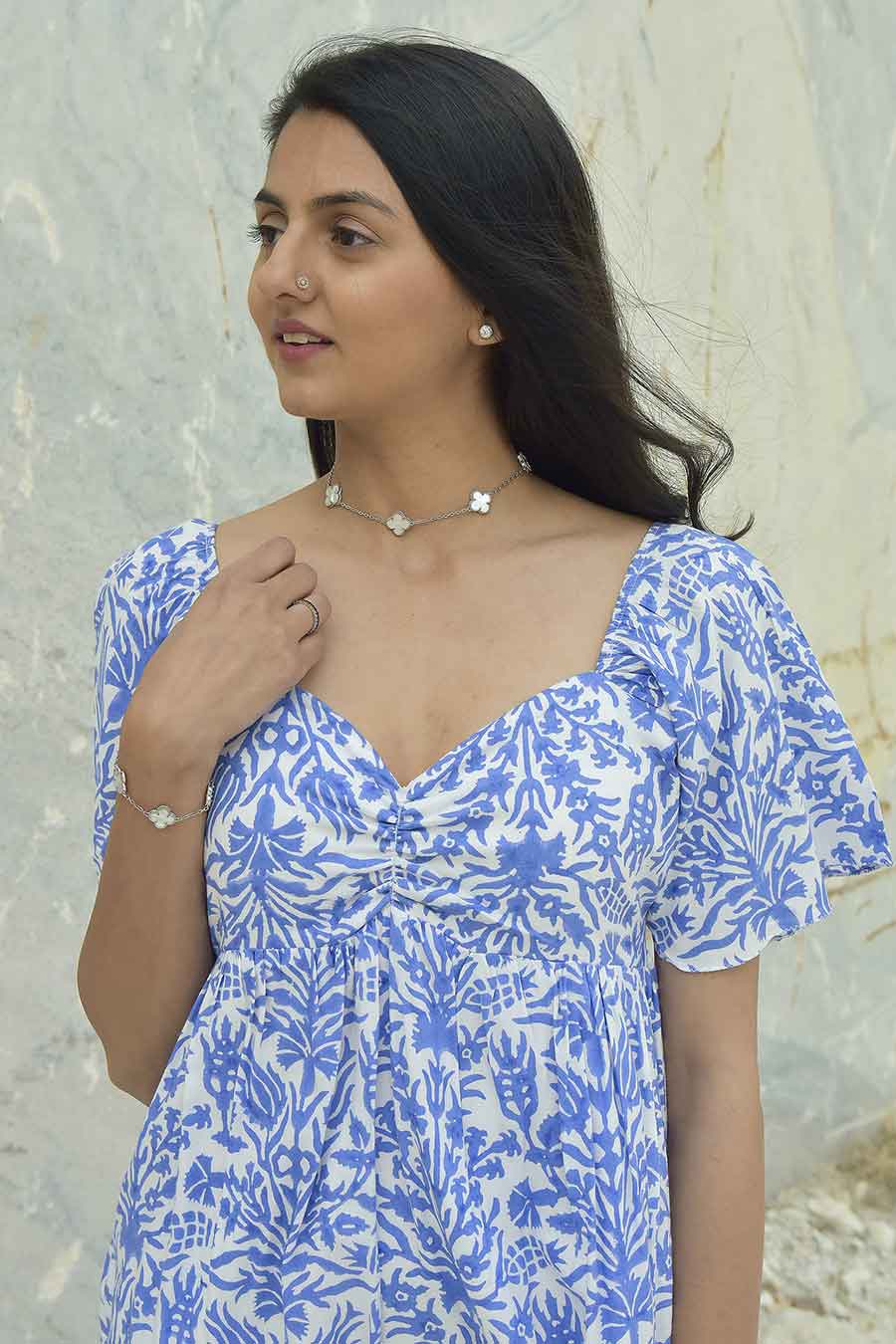 Ikigai Blue Handblock Print Short Dress