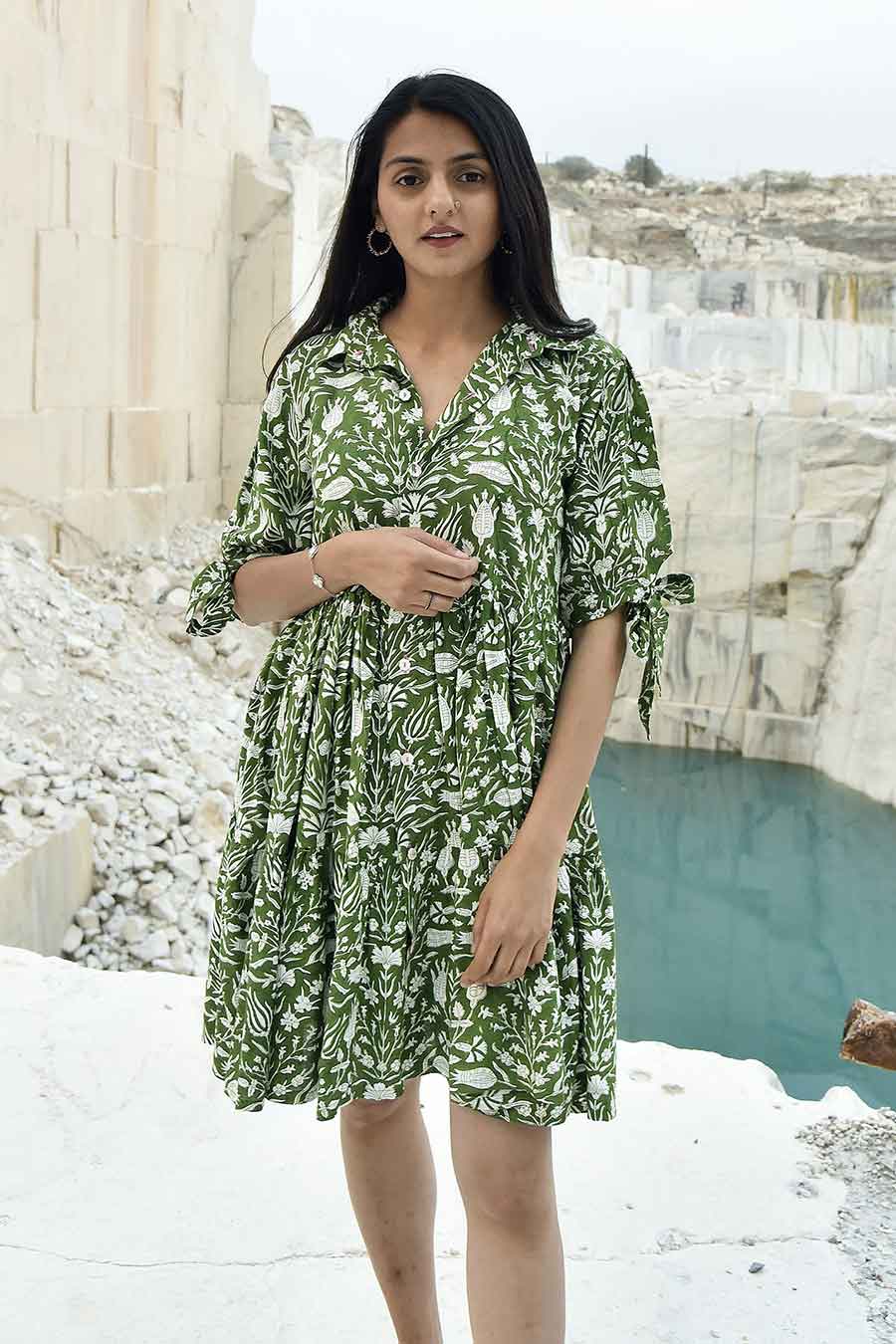 Kuso Green Handblock Print Short Dress