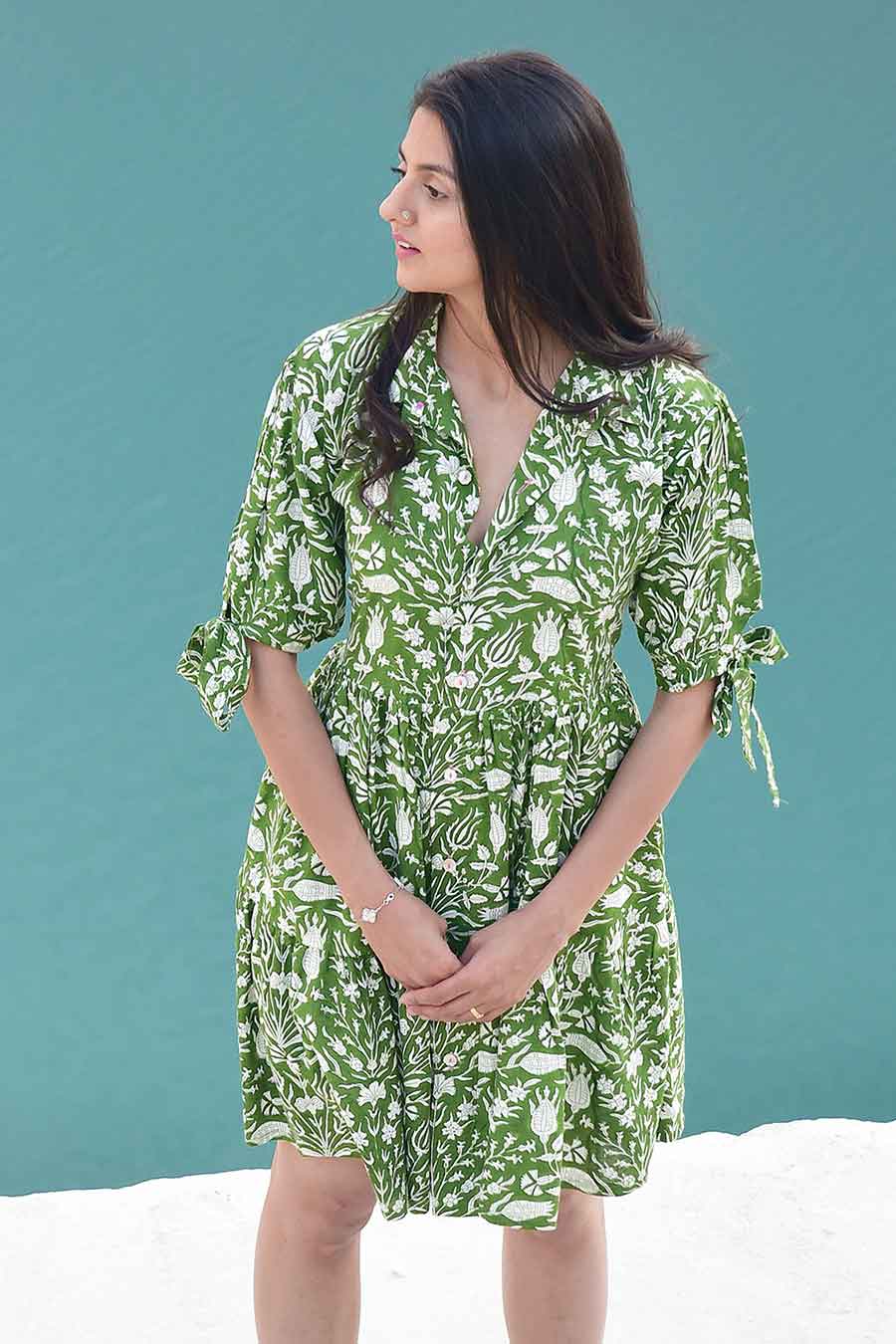Kuso Green Handblock Print Short Dress