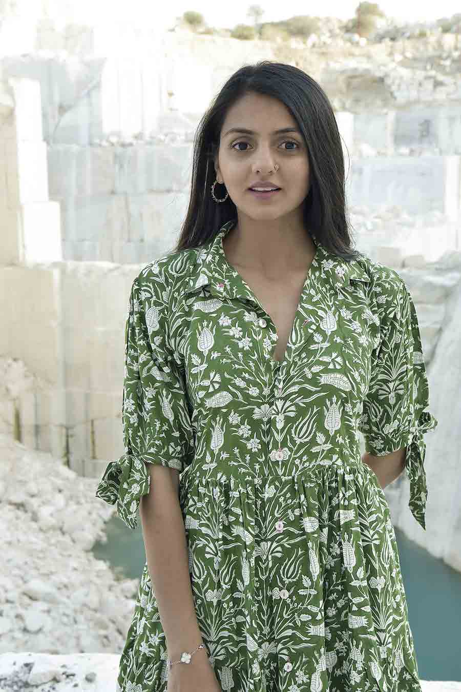 Kuso Green Handblock Print Short Dress