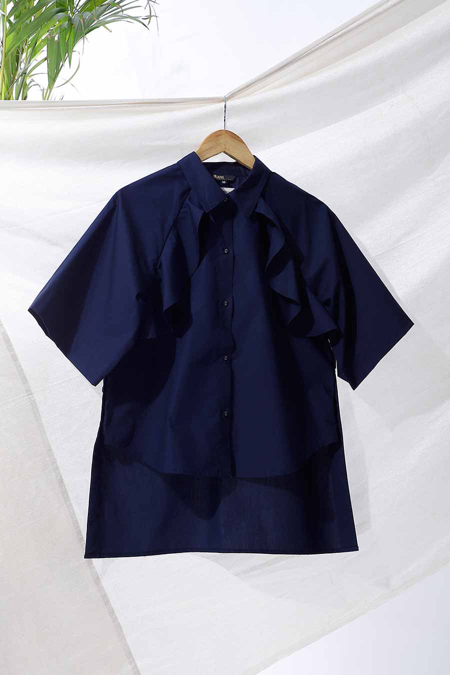 Navy Blue Ruffle High-Low Shirt