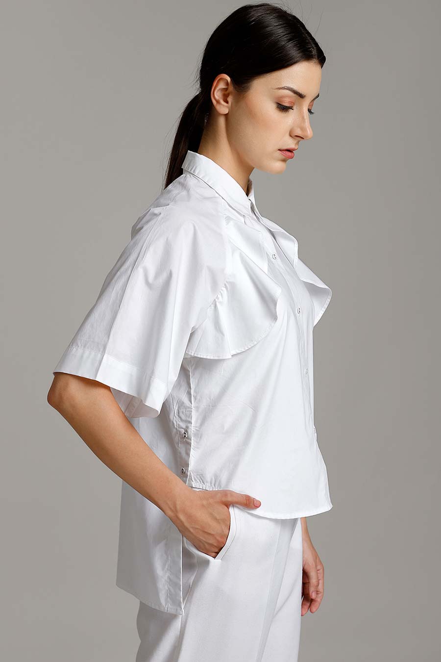 White Ruffle High-Low Shirt