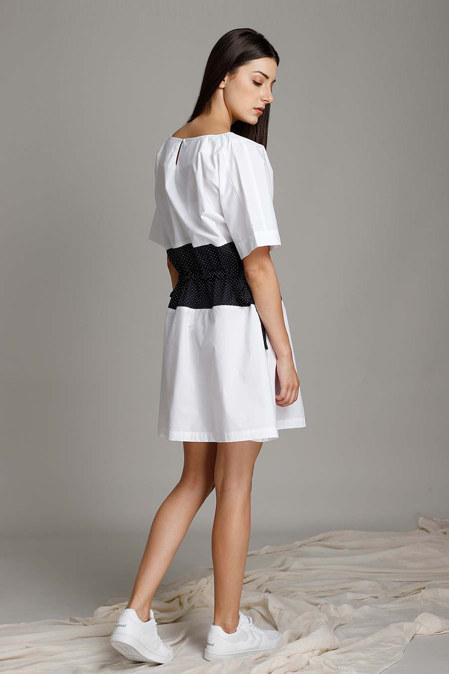 White Contrast Tie-Up Short Dress