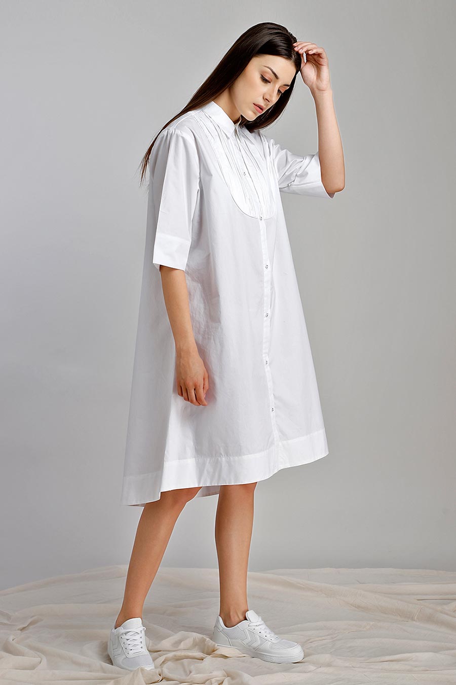White Pleated Yoke Shirt Dress