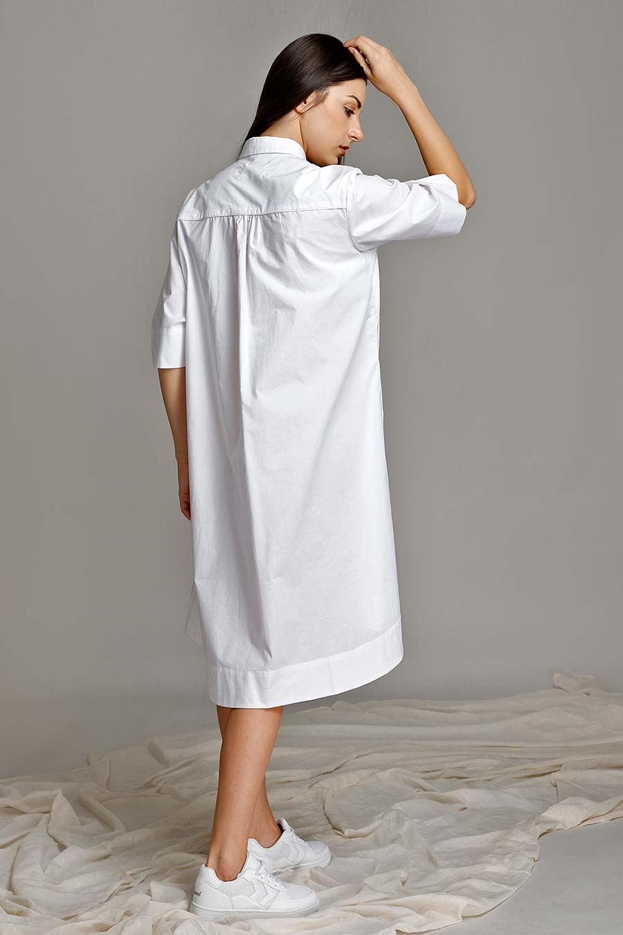 White Pleated Yoke Shirt Dress