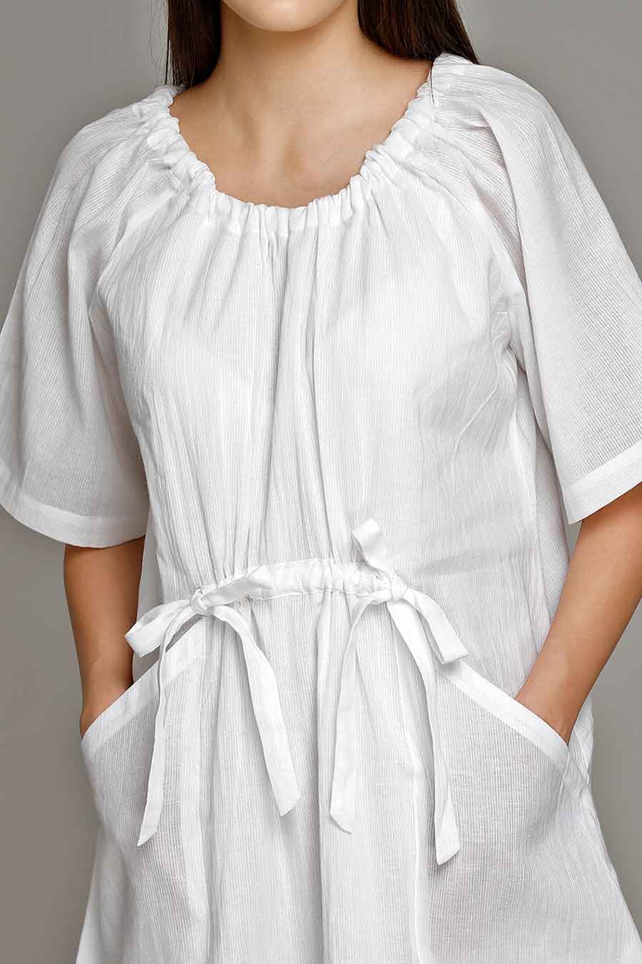 White Tie-Up Gathered Dress