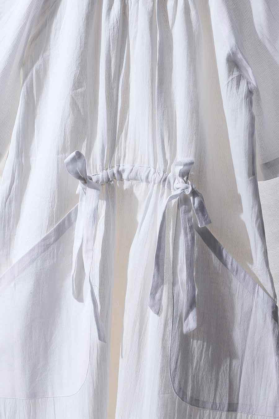 White Tie-Up Gathered Dress