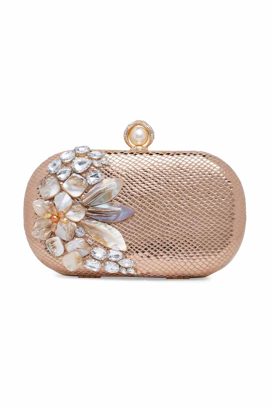 Gold Leather Stonework Clutch