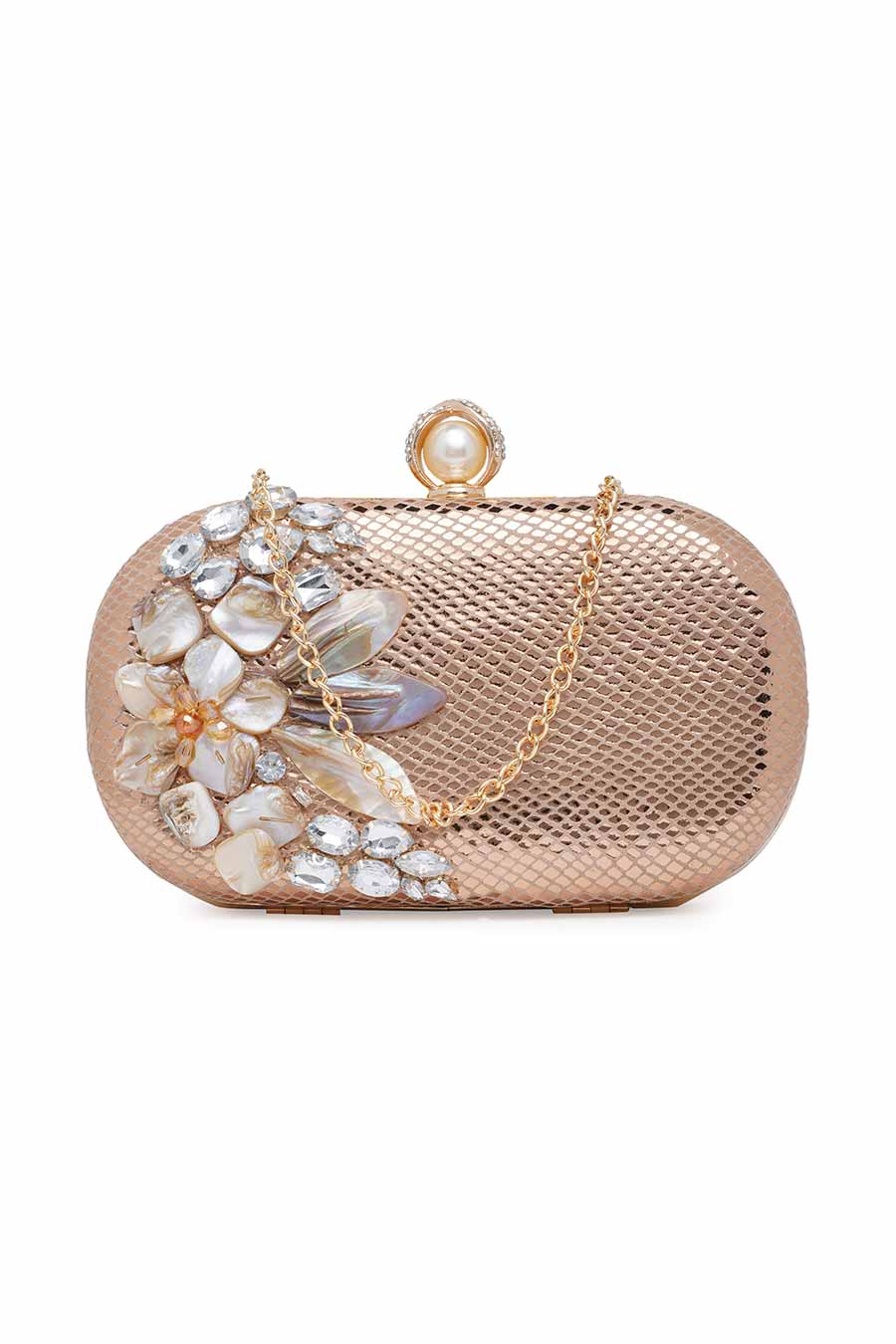 Gold Leather Stonework Clutch