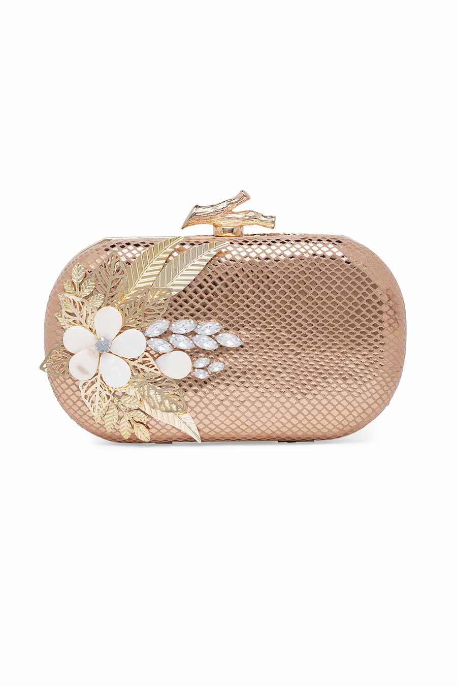 Gold Leather Stonework Clutch