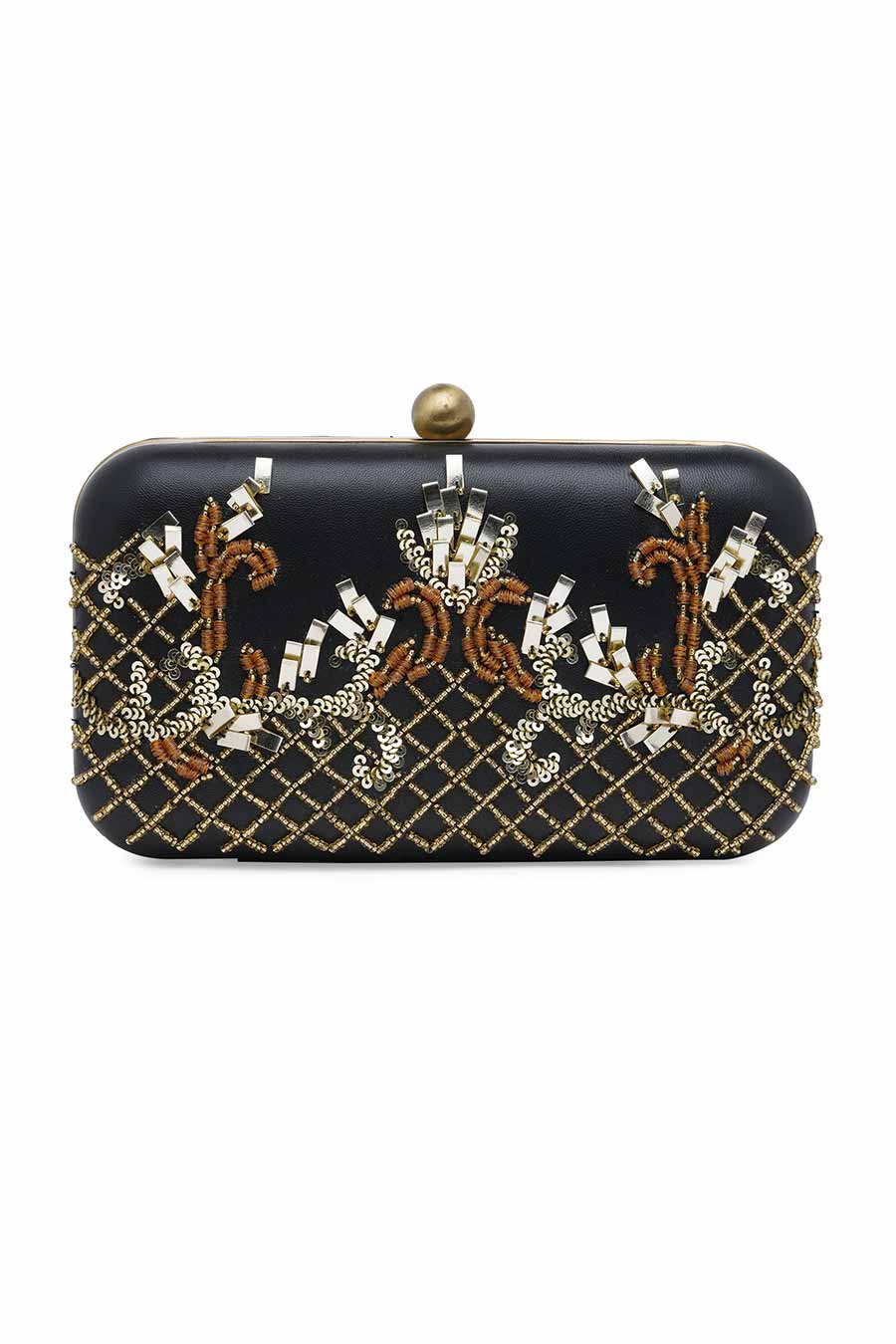 Black & Gold Embroidered Leather Clutch