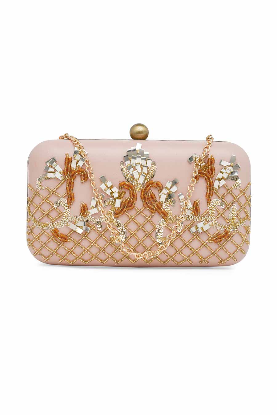 Pink & Gold Embroidered Leather Clutch