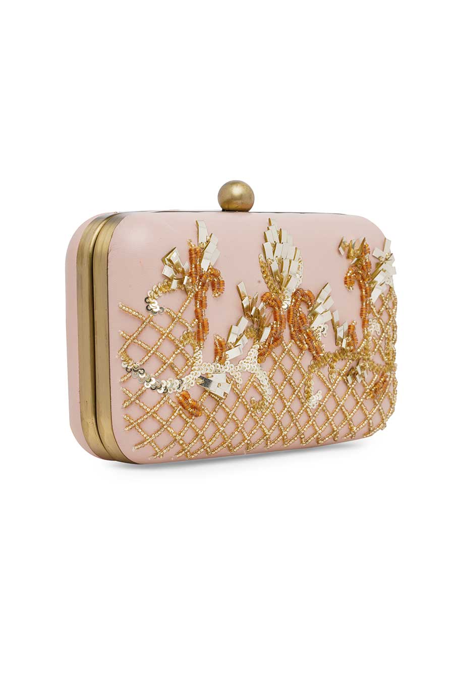 Pink & Gold Embroidered Leather Clutch