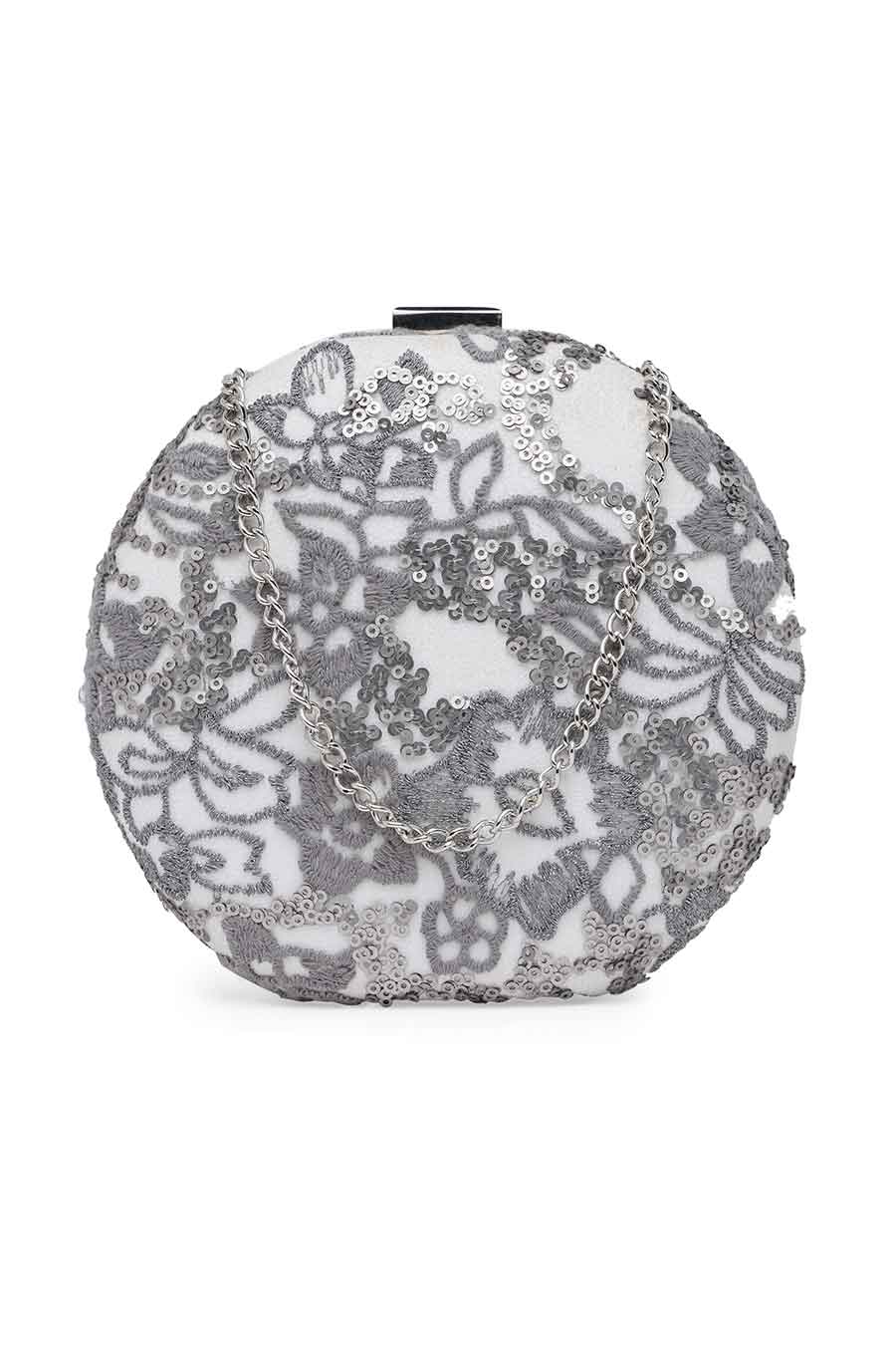 White & Grey Embroidered Round Clutch