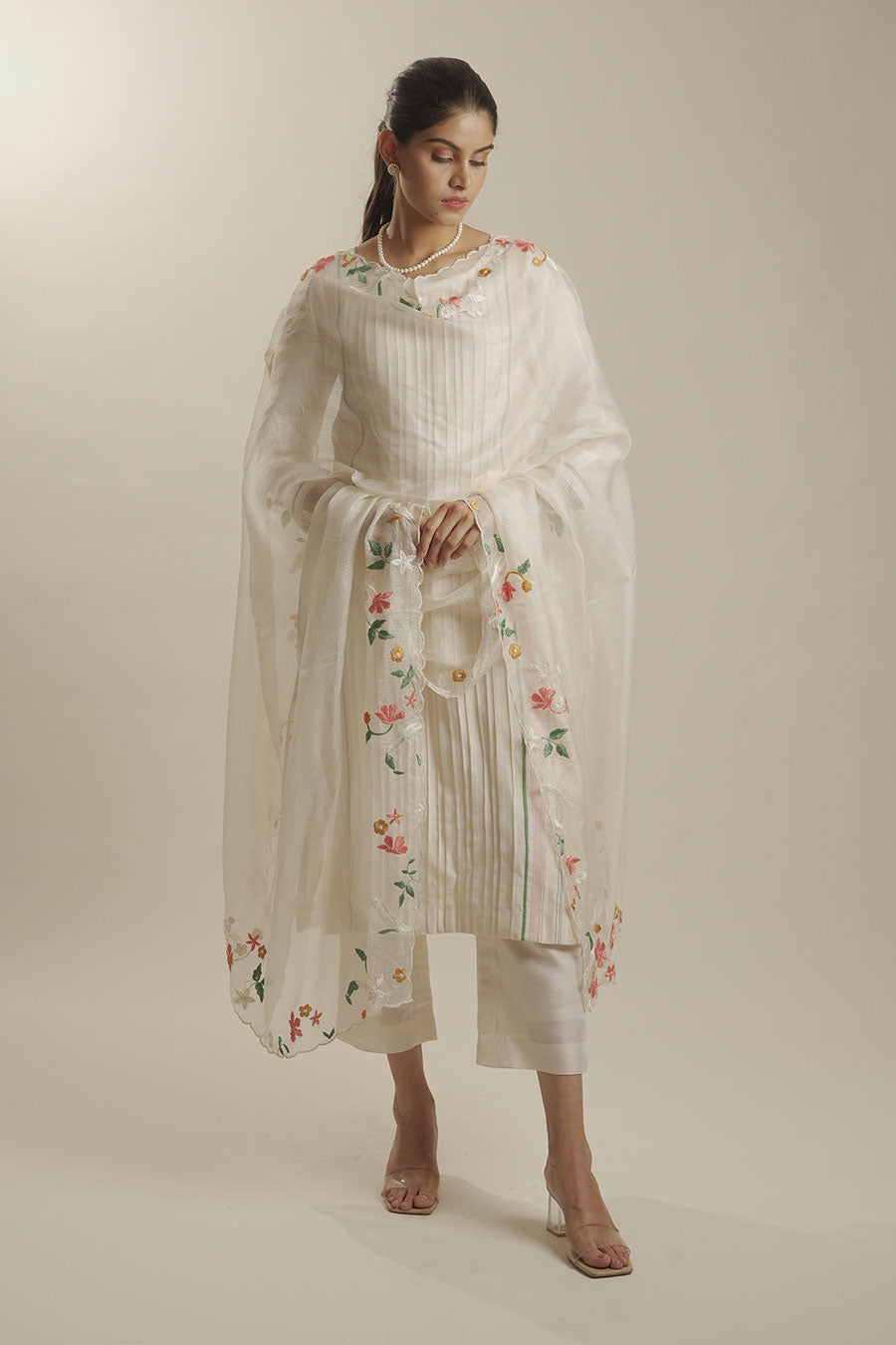 Ivory Chanderi Embroidered Kurta Set