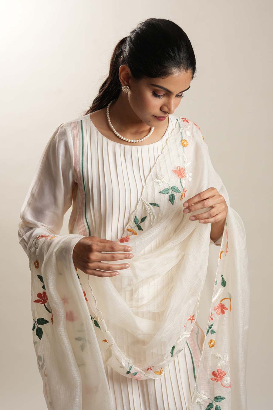 Ivory Chanderi Embroidered Kurta Set