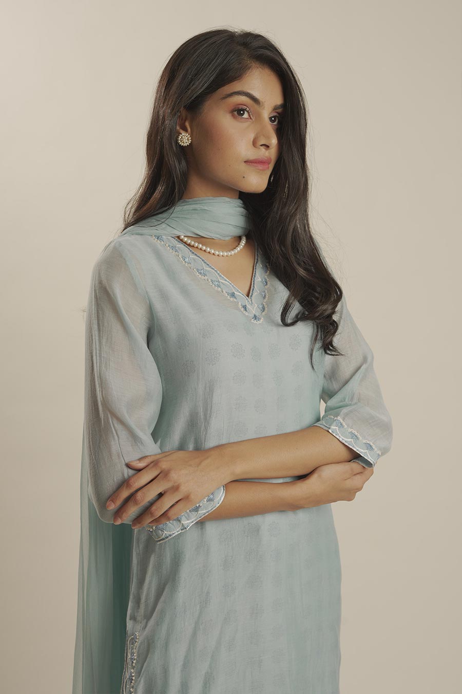 Blue Mul Chanderi Embroidered Kurta Set