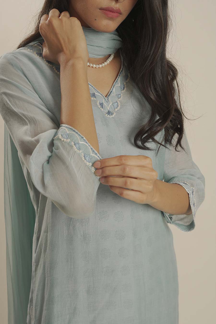 Blue Mul Chanderi Embroidered Kurta Set