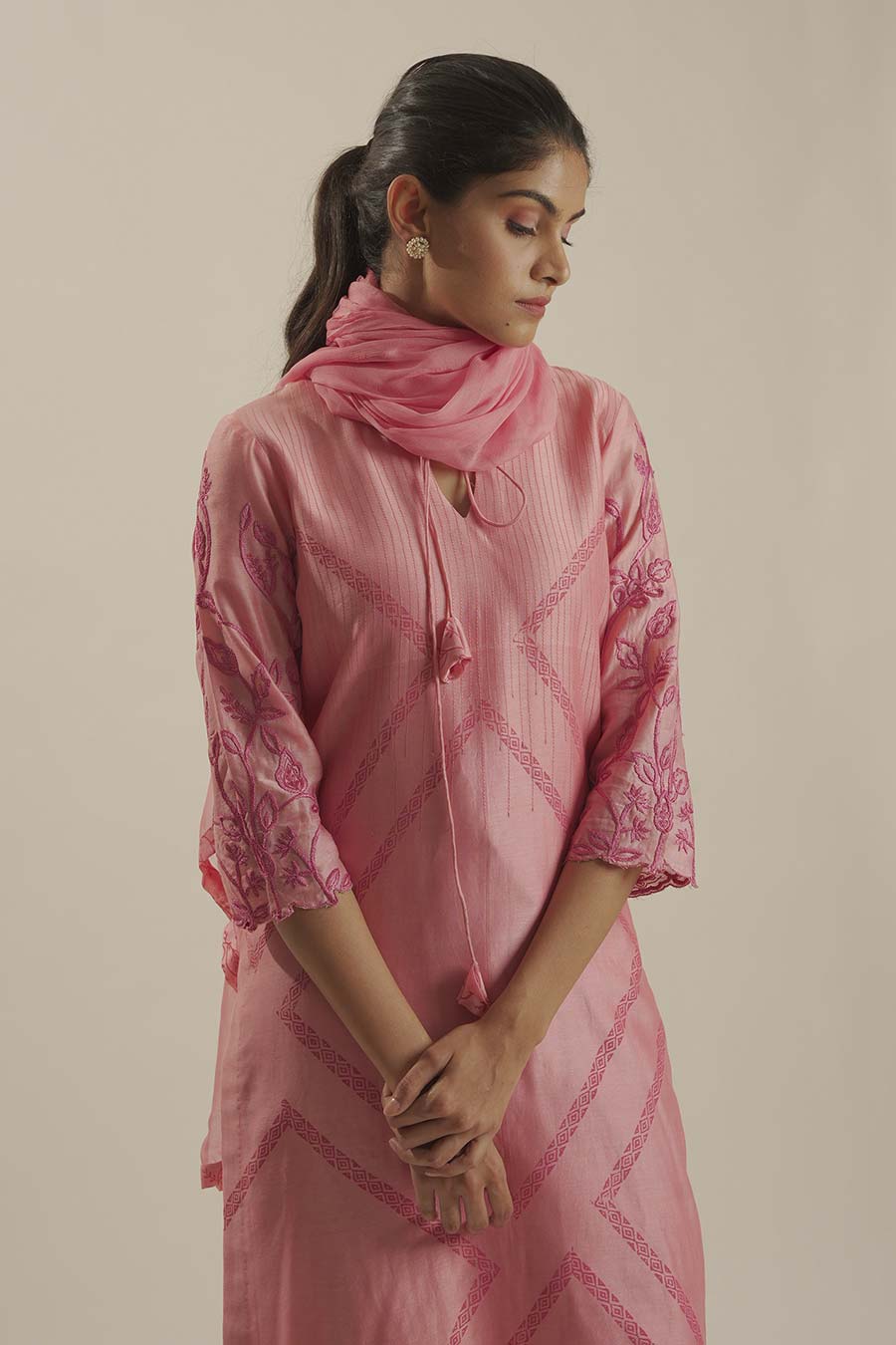 Rusty Pink Chanderi Embroidered Kurta Set