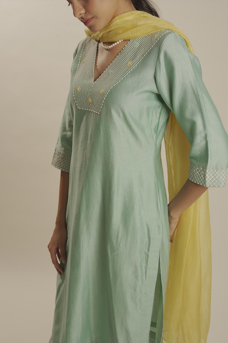 Turquoise Chanderi Embroidered Kurta Set