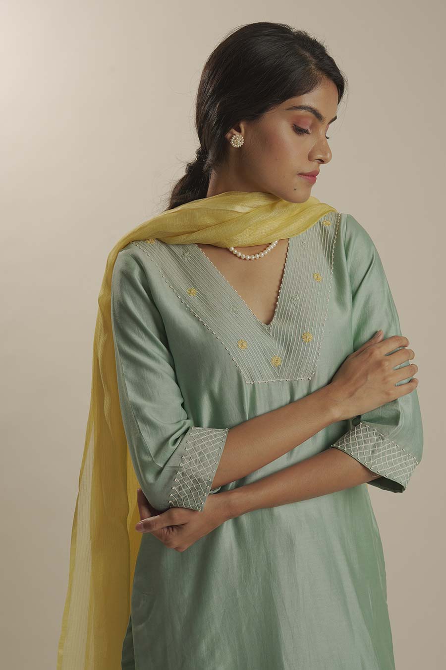 Turquoise Chanderi Embroidered Kurta Set