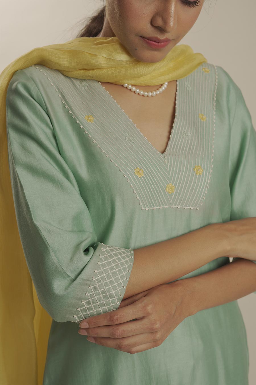 Turquoise Chanderi Embroidered Kurta Set