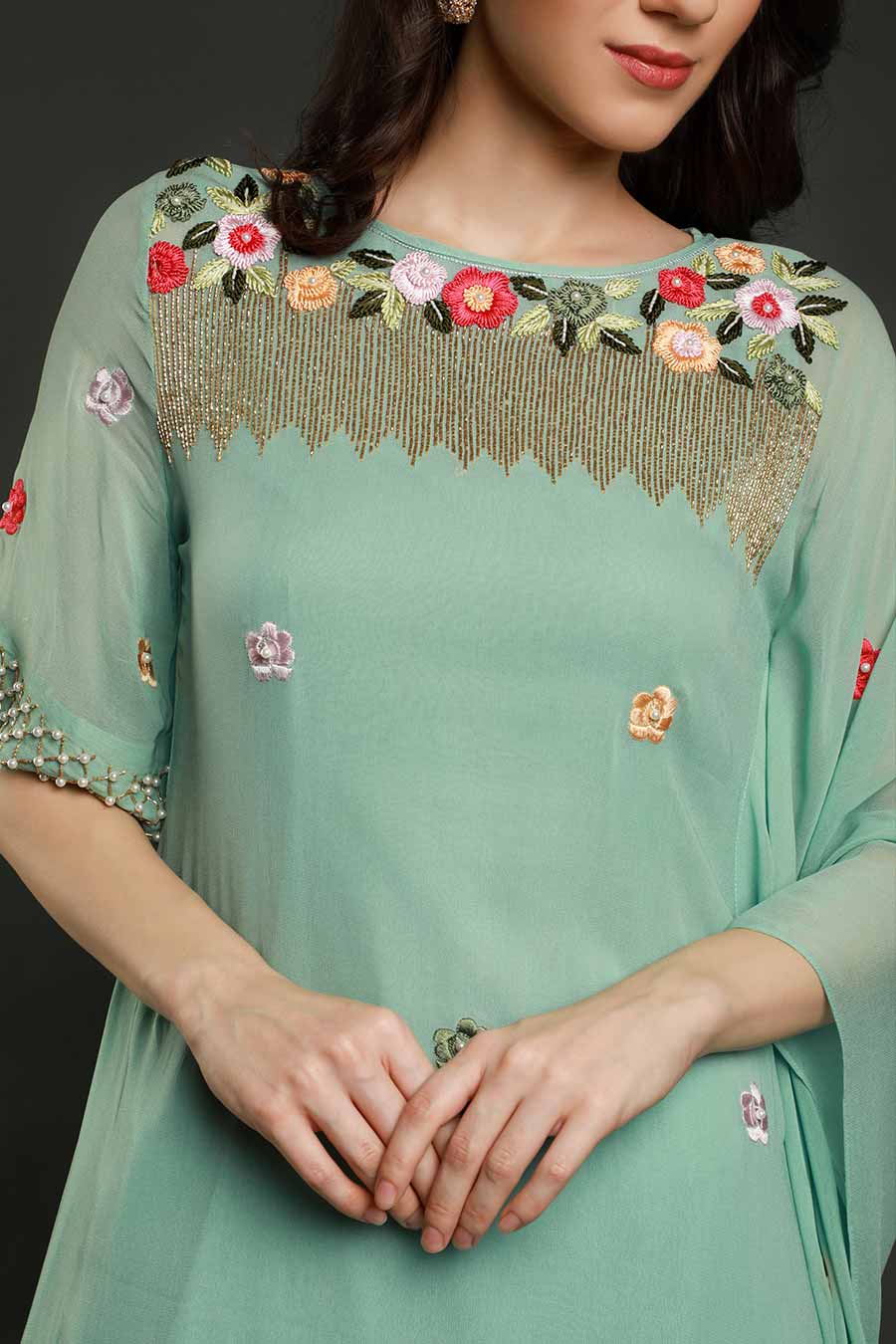 Aqua Embroidered Kaftan Kurta & Pants Set