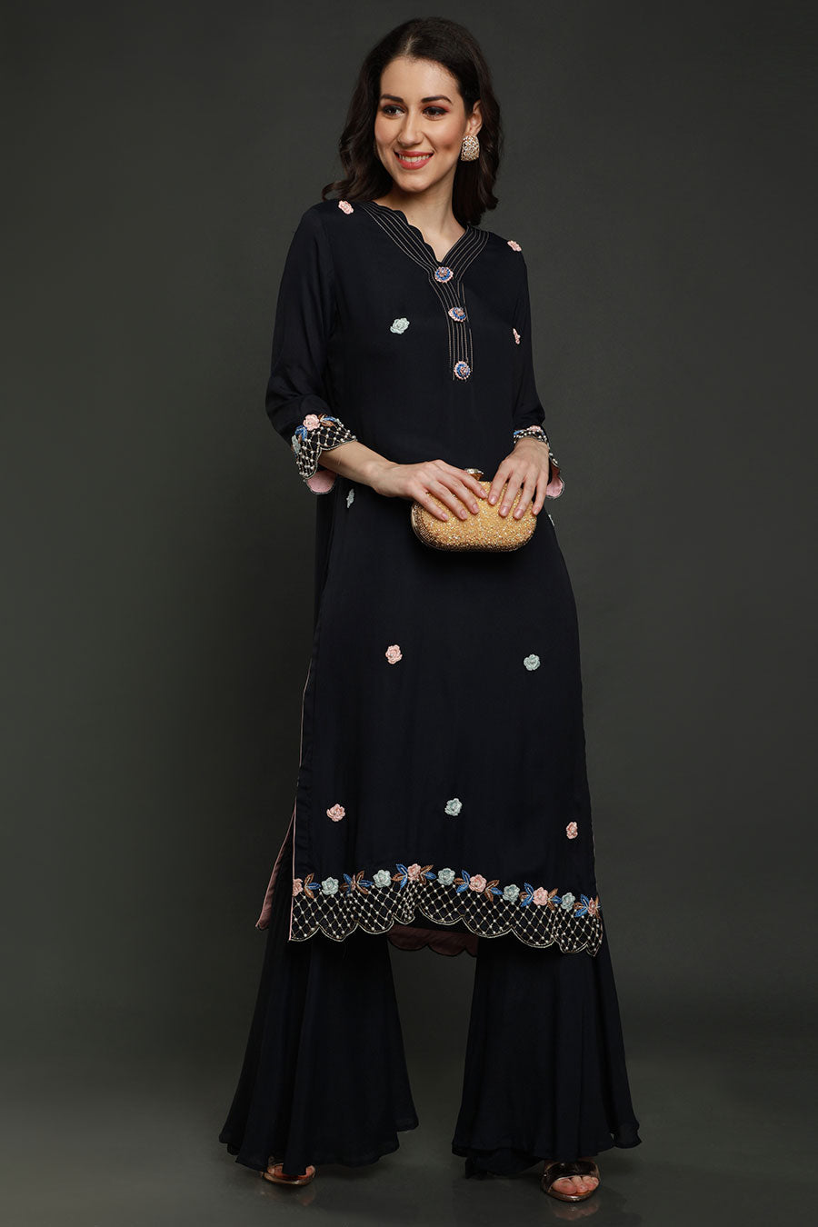 Midnight Blue Embroidered Gharara Set