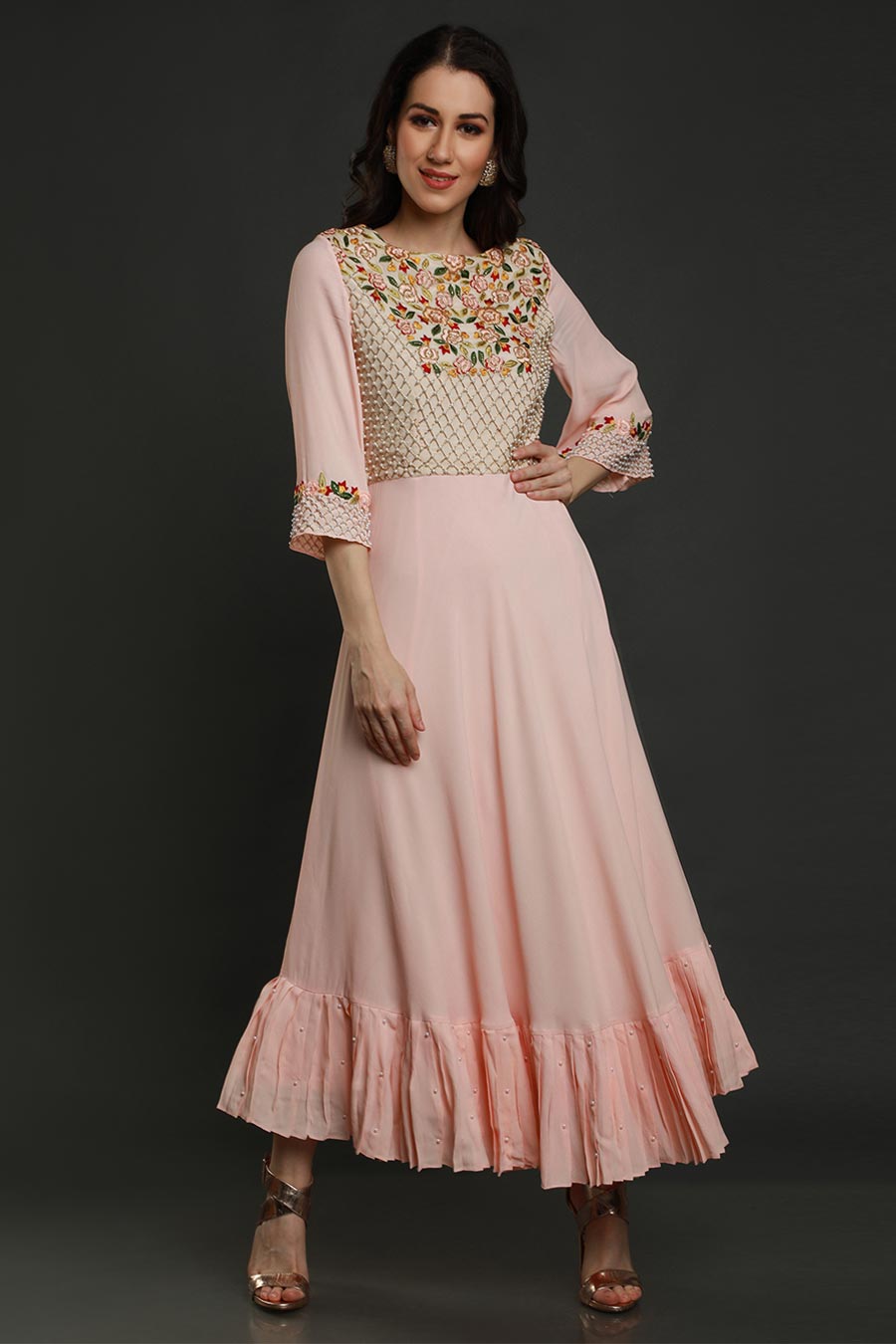 Peach Embroidered Flared Dress