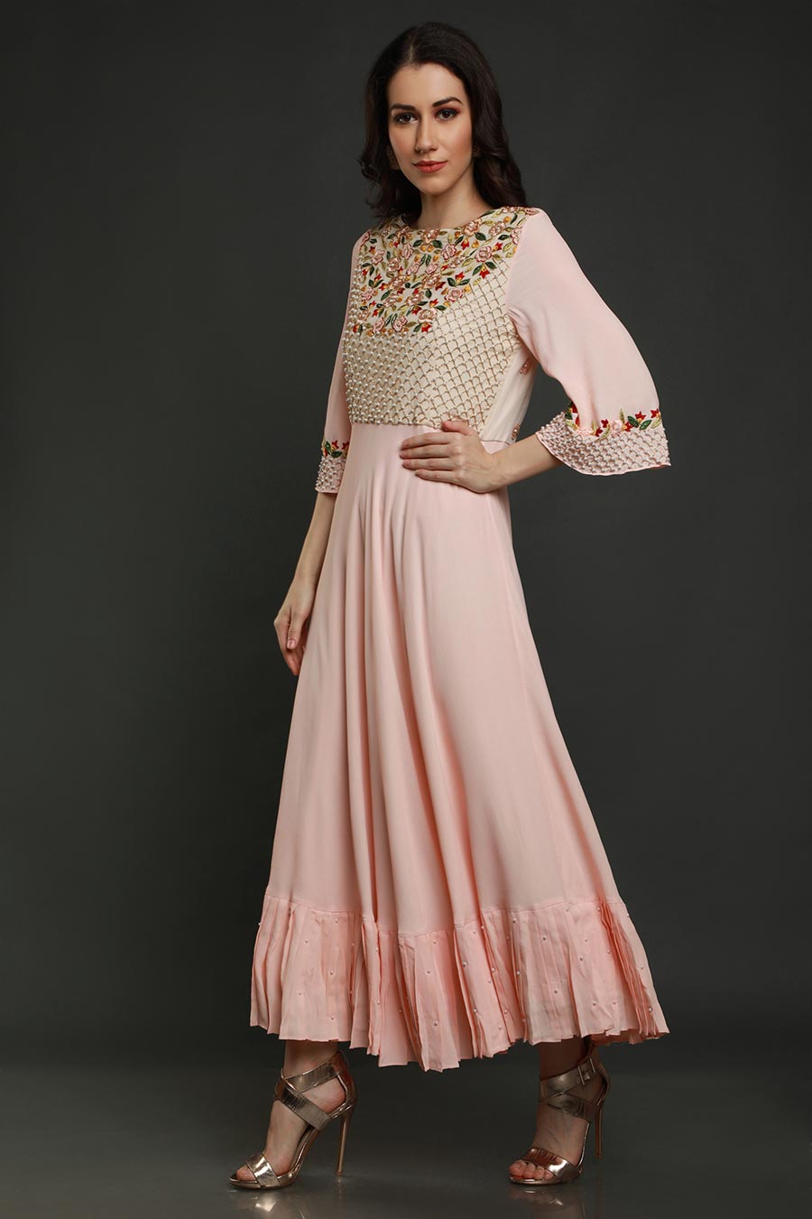 Peach Embroidered Flared Dress