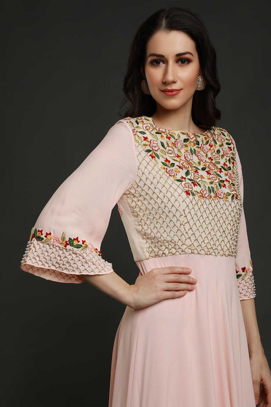 Peach Embroidered Flared Dress